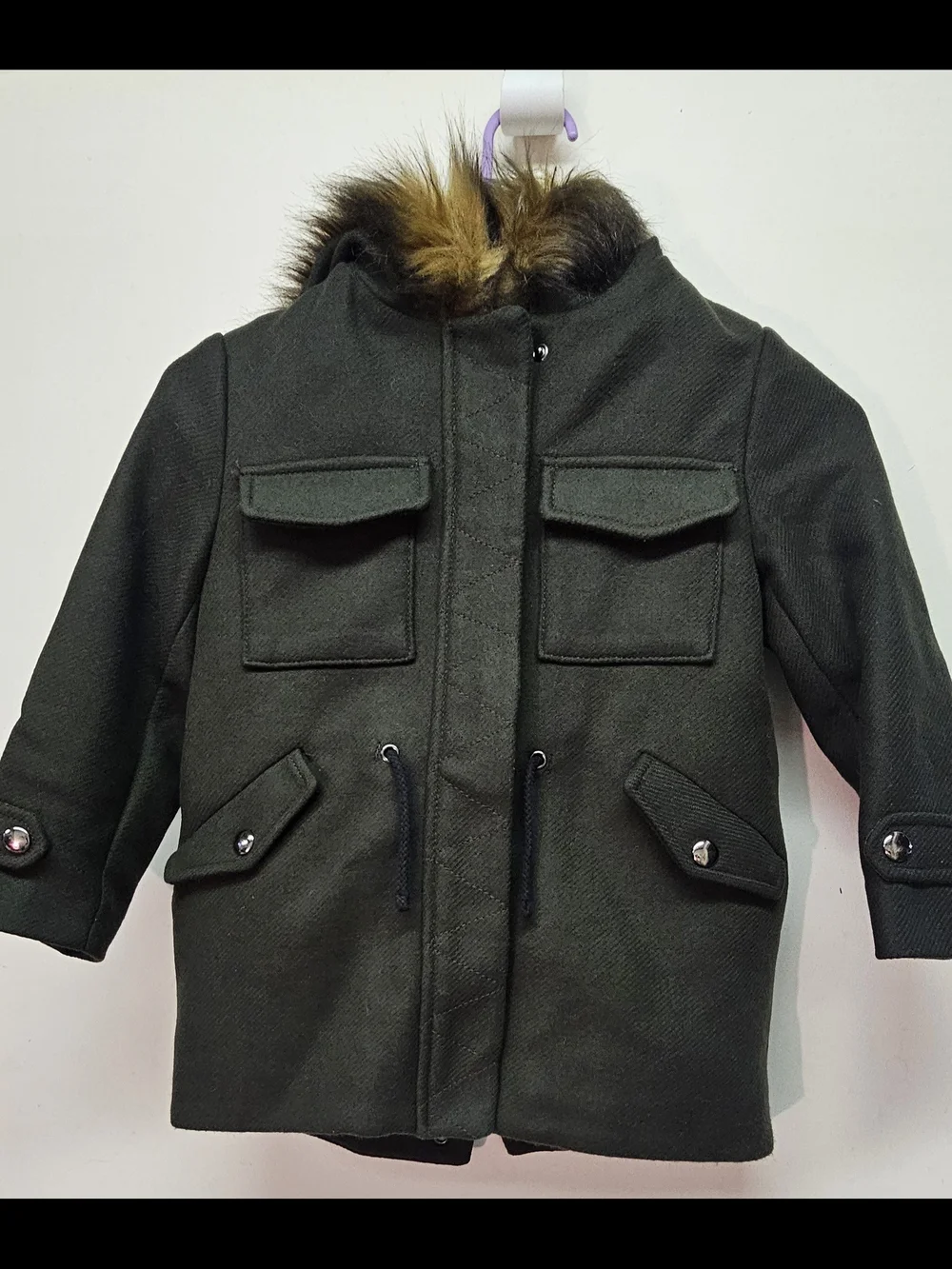 Zara Kids Dark Olive Green Pea Coat with Faux Fur Trim
